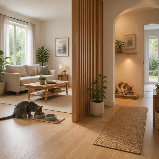 Two cats eating at separate stations with visual barriers and clear pathways in a sunlit room
