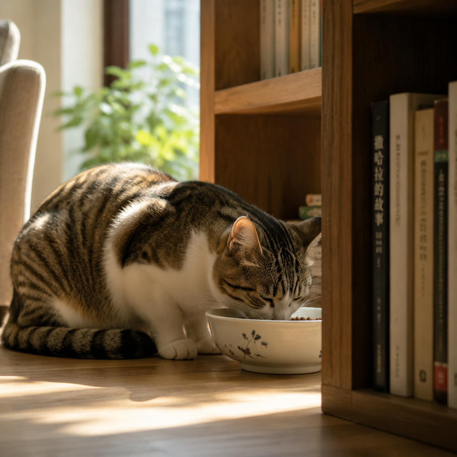 A calico cat eating from a bowl behind a low bookshelf in a sunlit room.
