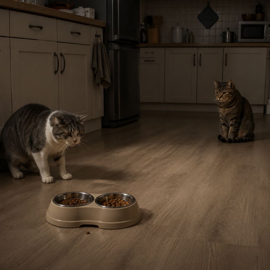 Two cats in a kitchen, one tense near a bowl while the other watches from a short distance.