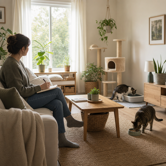 Person sits on sofa watching two cats near litter box and food bowl in sunny room.