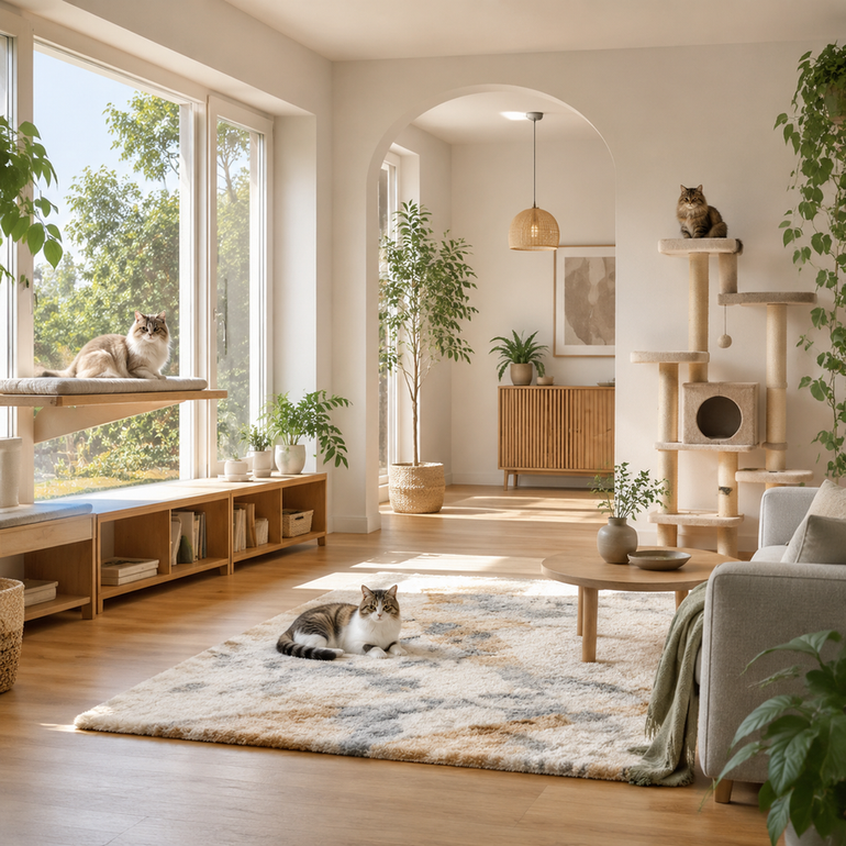 Three cats relaxing in different areas of a sunlit living room, each in its own spot.