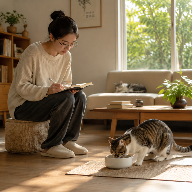 Person sitting quietly watching a cat eat while another cat rests in the background.