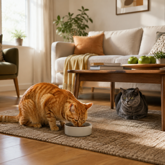 Two cats in a living room, one eating, one hiding under table, appearing normal.