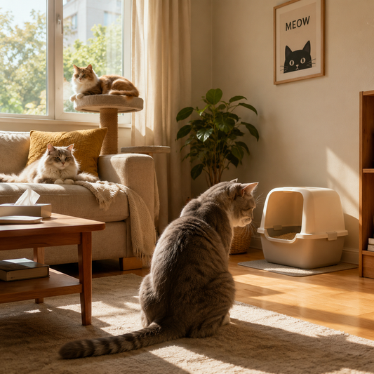 One cat sitting alone near a litter box while two other cats relax elsewhere in the room.