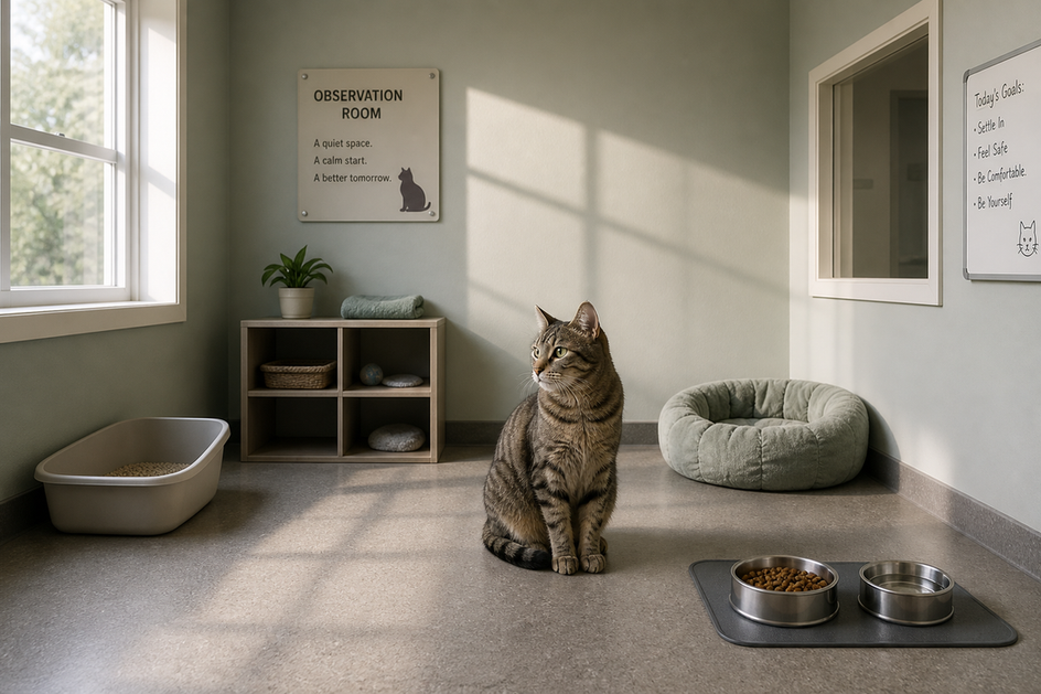 A cat in a quiet room with litter box, food, and bed for observation.