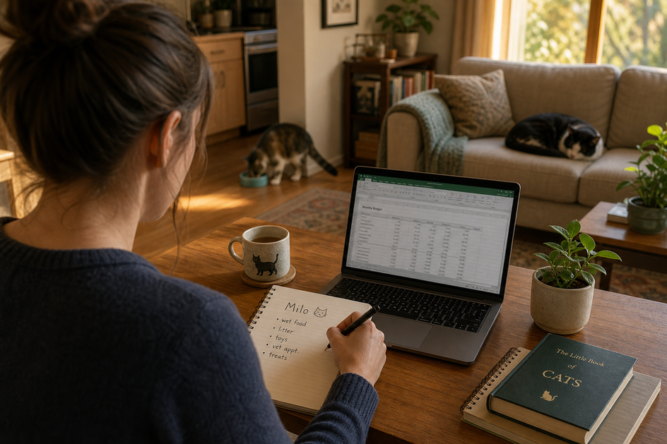 A person writing in a cat-tracking notebook while two cats rest and eat in the background.