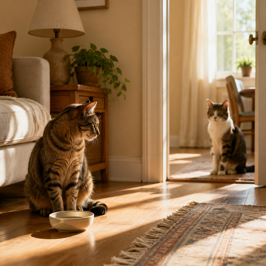 Two cats in a living room, one near food bowl, other watching from doorway.