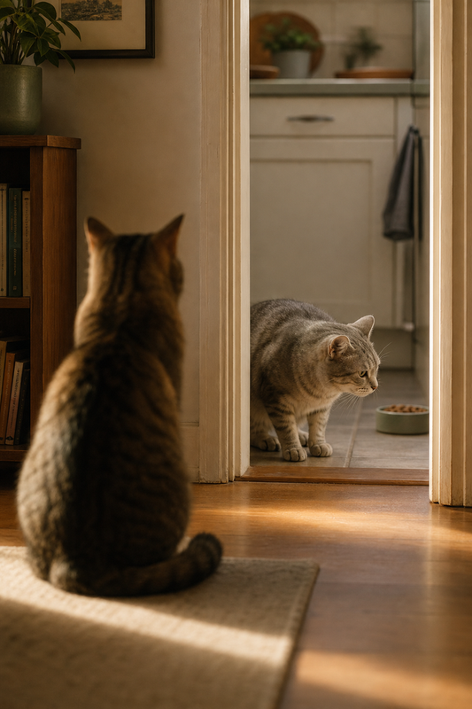 Two cats near a doorway, one sitting calmly, the other pausing and looking away from the food bowl.