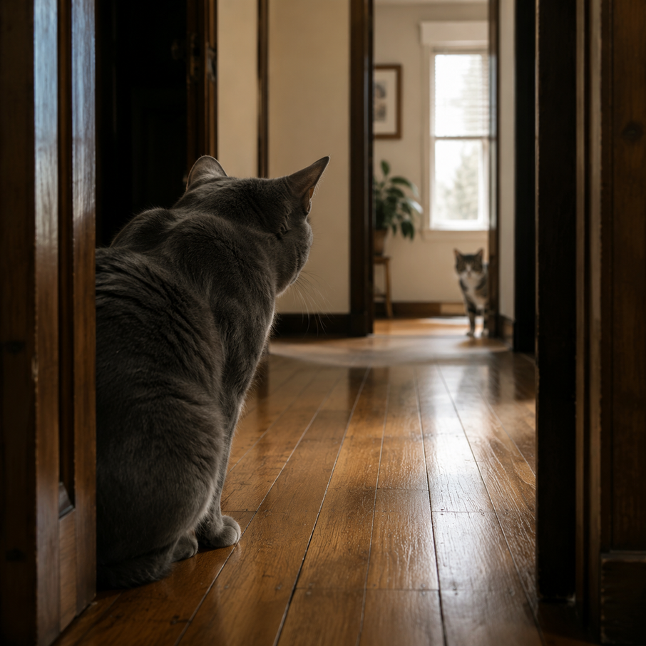 Gray cat blocking a doorway while a second cat waits at the end of a hallway.