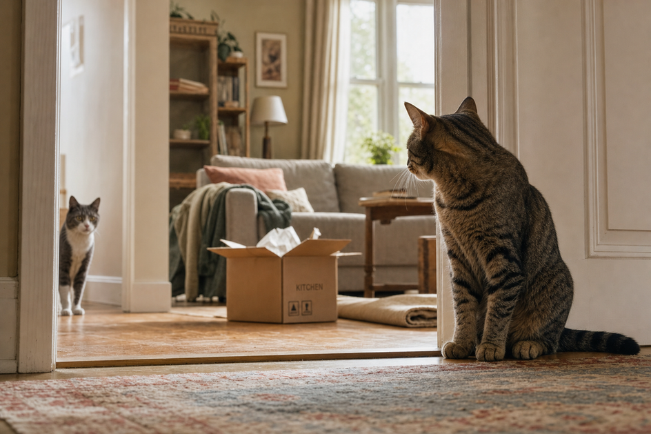 Two cats in a home with one sitting in a doorway looking at the other cat waiting in a hallway