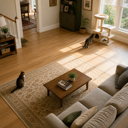 Two cats in a living room, one near a cat tree, the other watching from a distance