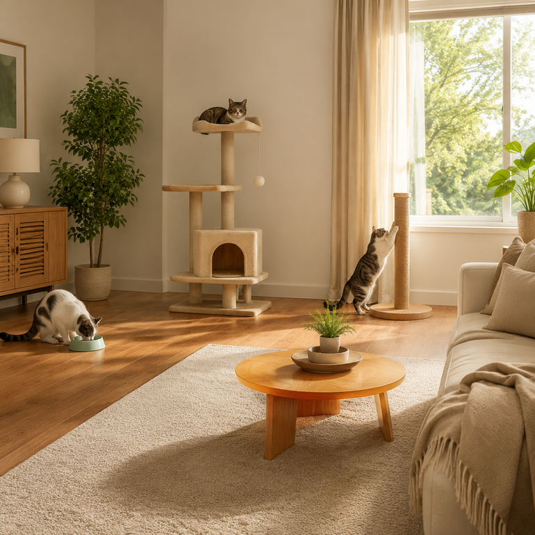 Three cats in a living room each using separate food, resting, and scratching stations spaced apart.