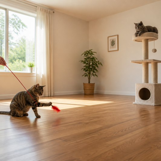 Two cats in a sunlit room, one playing with a wand toy while the other rests on a cat tree.