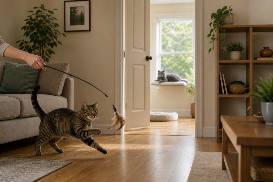 Tabby cat plays with wand toy in foreground, gray cat rests on perch through doorway