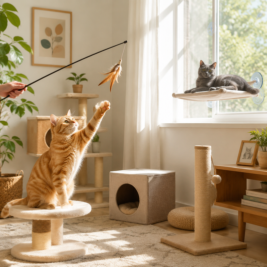 Two cats in a sunny room, one playing with a toy on a cat tree, the other resting on a window perch.