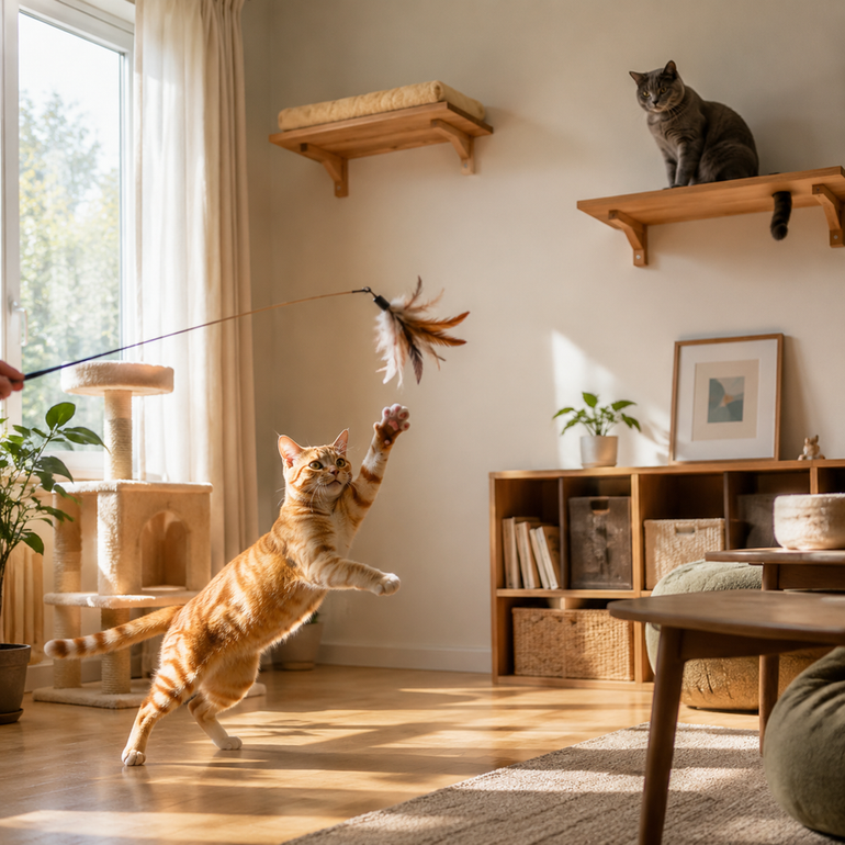 Orange cat pounces on toy while gray cat watches from a shelf above.