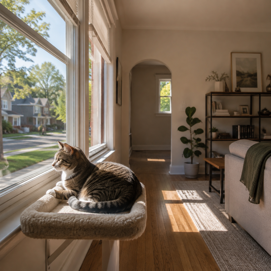 A gray cat sits on a windowsill perch watching an empty street through the glass.