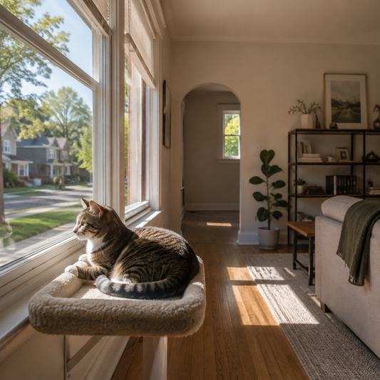 A gray cat sits on a windowsill perch watching an empty street through the glass.