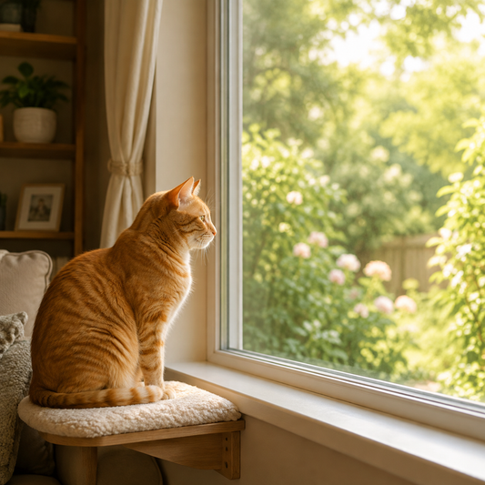 Orange tabby cat resting on a cushioned perch by a sunlit window overlooking a garden