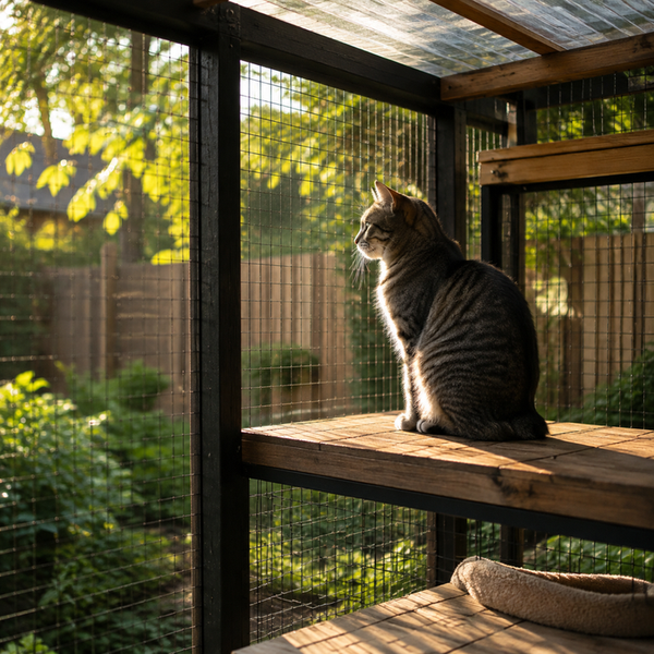 Gray tabby cat sits on wooden shelf inside mesh catio gazing into sunlit yard
