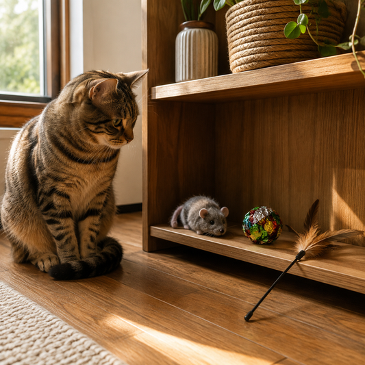 A tabby cat sits by a shelf with three toys, looking at them with interest.