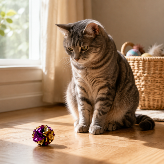 Gray tabby cat sitting beside a crinkle ball toy on a wooden floor near a basket of toys.