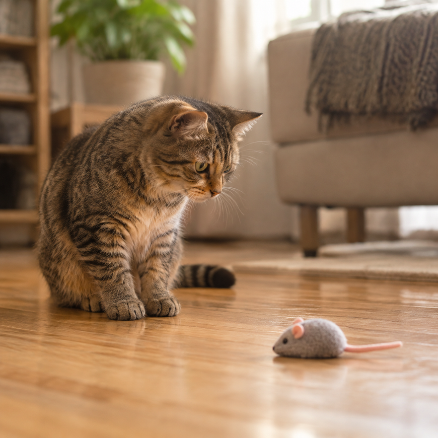 A tabby cat sits on a hardwood floor, gazing at a plush mouse toy placed nearby.