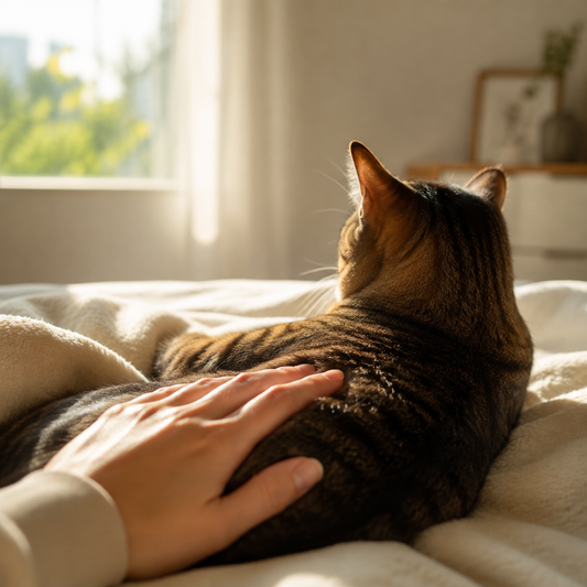 A tabby cat rests on a cream blanket as a hand gently touches its side in soft window light.