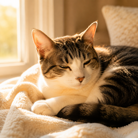 A ginger cat naps on a cream blanket, one ear turned, eyes partially open, sunlight warming its fur.