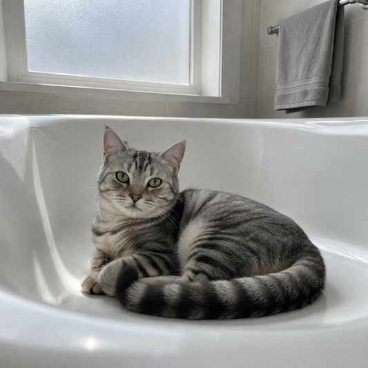 Gray tabby cat curled asleep in a white bathtub, soft daylight through window.