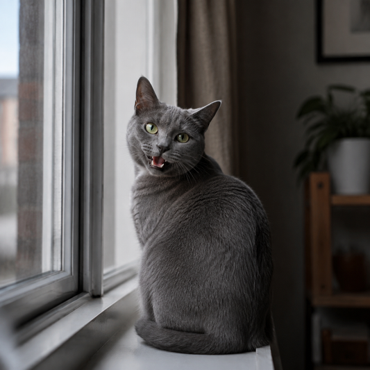 A gray cat on a windowsill opens its mouth mid-meow while looking over its shoulder.