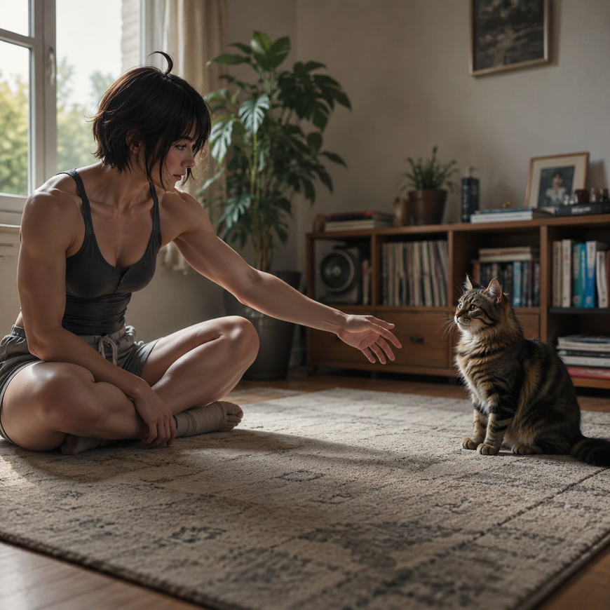 Person sits on floor facing a relaxed alert cat in a sunlit living room.