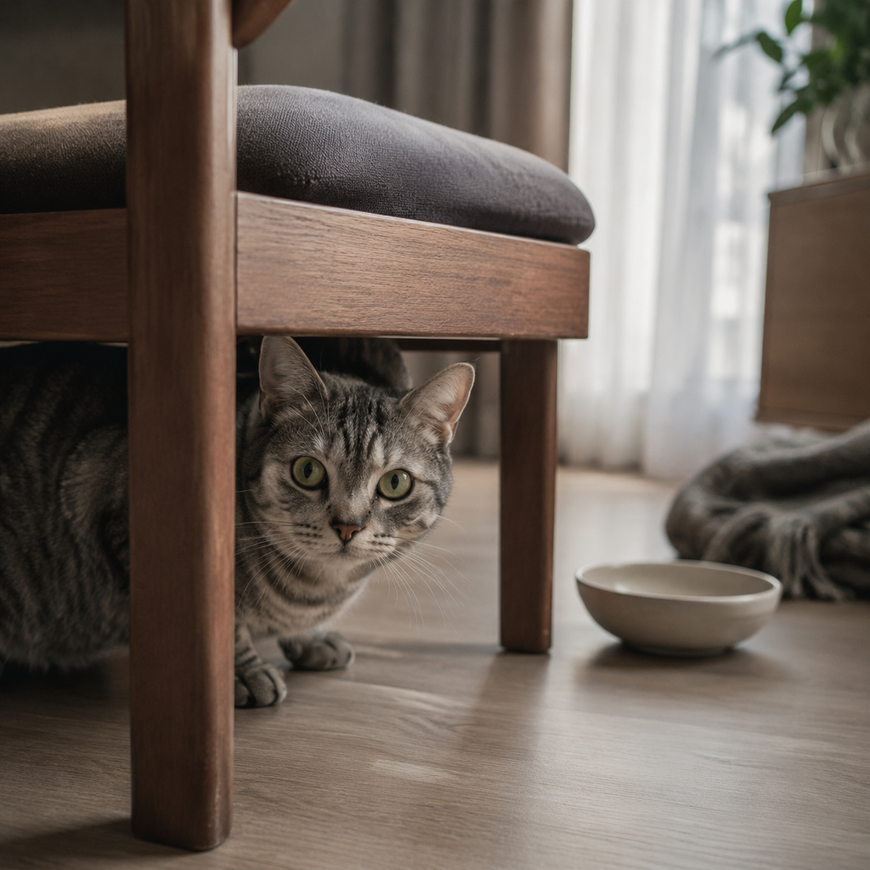 A gray tabby cat peeks from under a wooden chair in a sunlit living room.