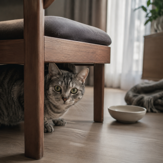 A gray tabby cat peeks from under a wooden chair in a sunlit living room.
