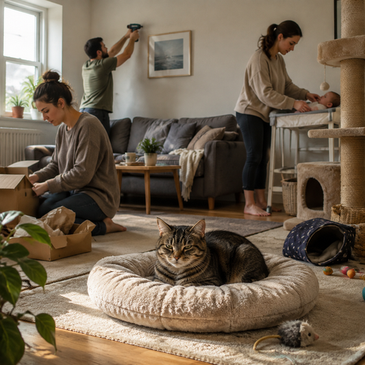 Editorial scene representing How a Cat\'s Comfort Baseline Shifts Around Household Events