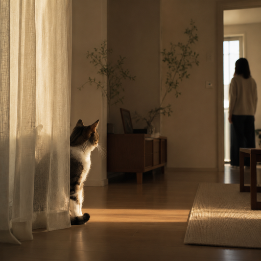 A cat sits near a curtain while a person watches from across a quiet room.