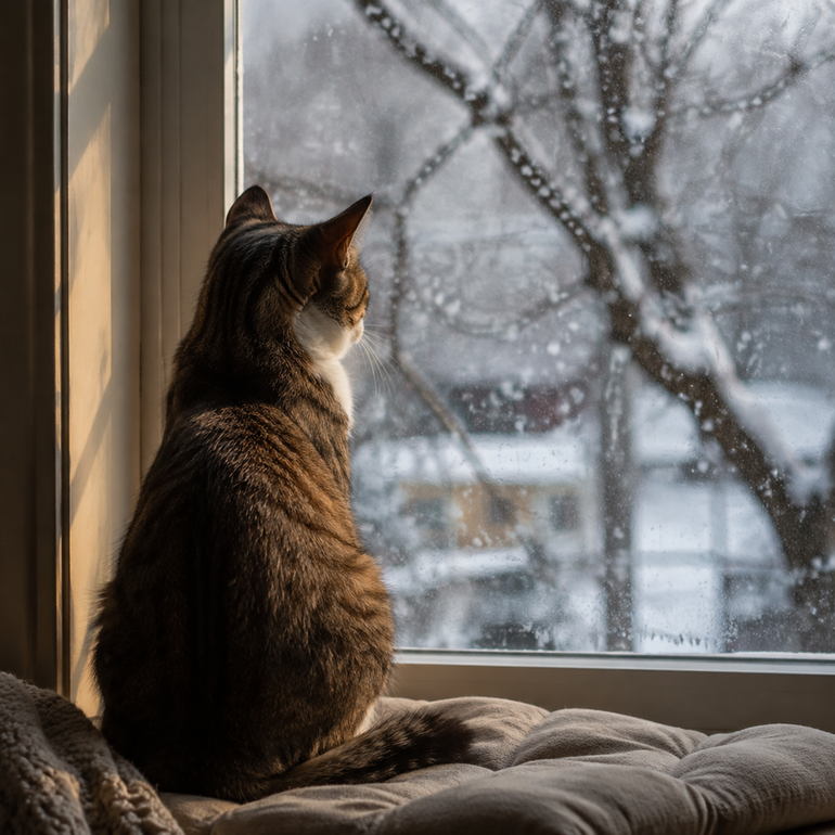 Cat sitting on window seat watching snow fall outside, warm indoor light.