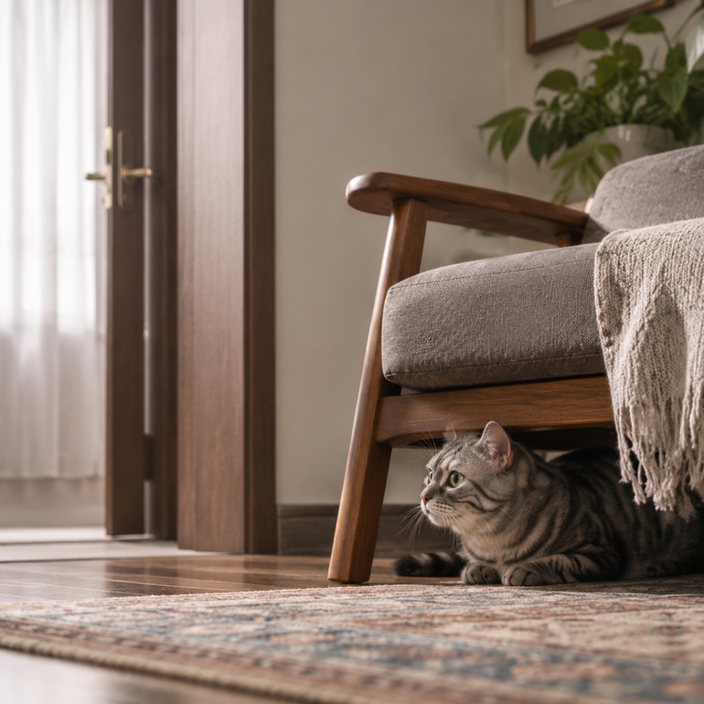 A gray tabby cat peeking from beneath an armchair in a dim living room.