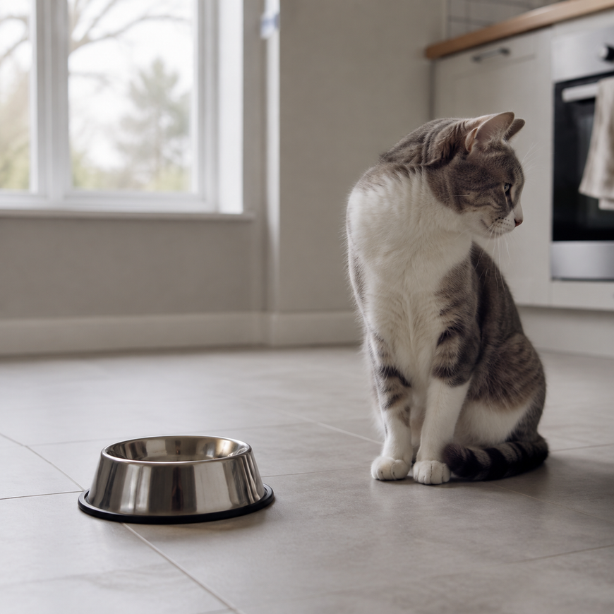 A gray tabby sits beside a full food bowl, looking away with ears slightly back.