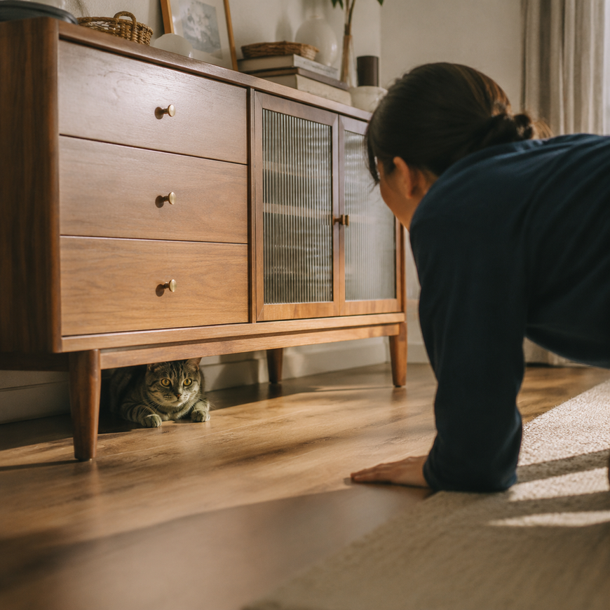 A tabby cat crouches under a wooden sideboard while a kneeling person peers toward it.