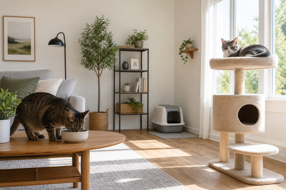 A gray tabby rests on a cat tree while an orange cat eats in a separate sunny alcove.