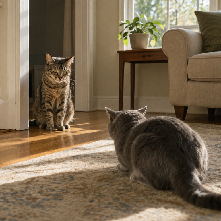 A gray tabby waits near a wall while a black cat sits in a distant doorway.