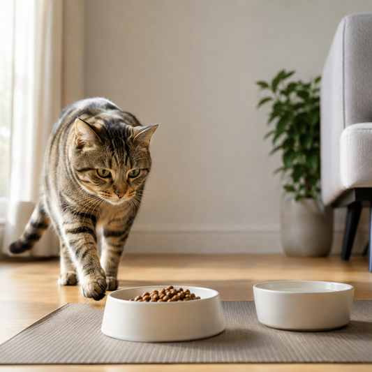 A tabby cat approaches a plain food bowl in a quiet sunlit corner near a water bowl.