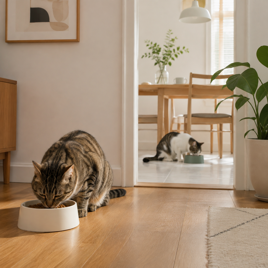 Tabby cat eats in foreground while another cat eats through an open doorway.