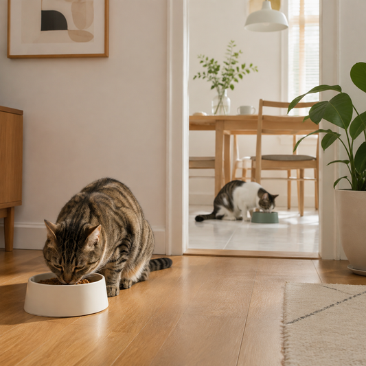 Tabby cat eats in foreground while another cat eats through an open doorway.