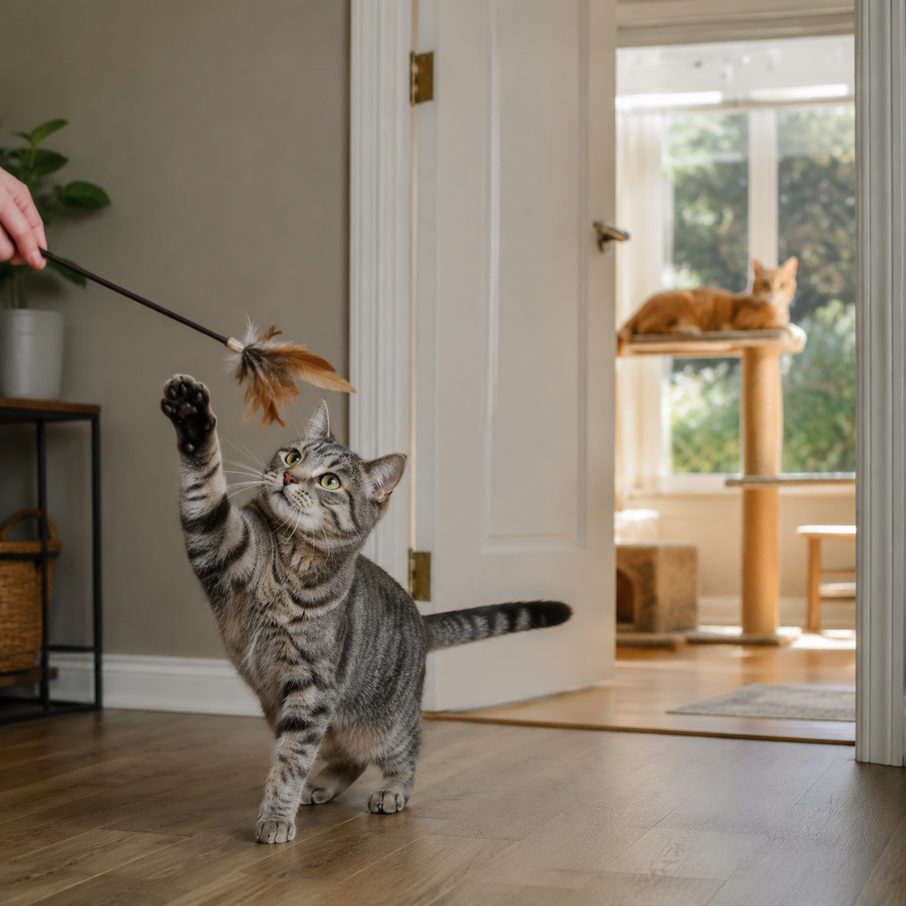 A grey tabby plays with a feather toy while another cat rests in another room.