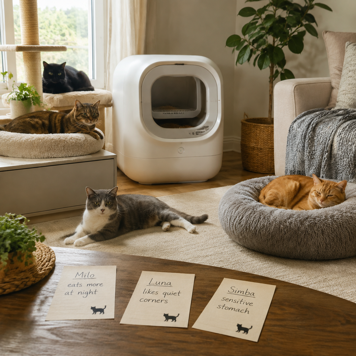 Multi-cat home with separate resources and calm individual access