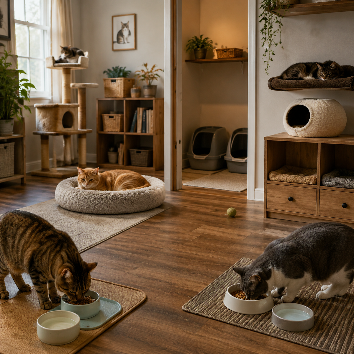 Multi-cat home with separate resources and calm individual access