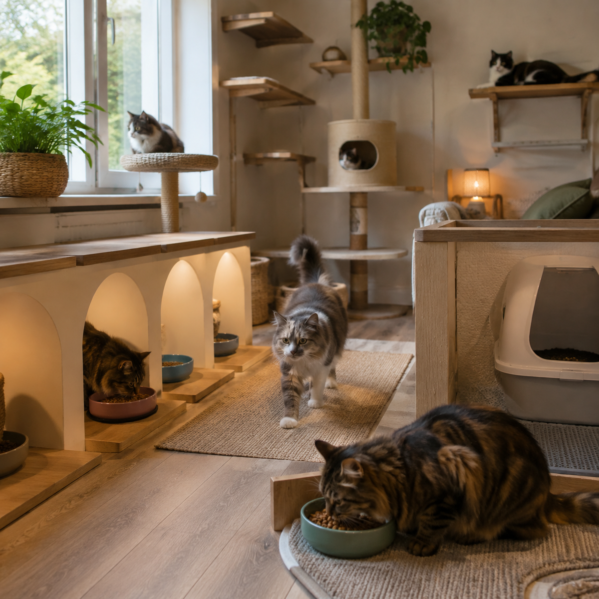 Multi-cat home with separate resources and calm individual access