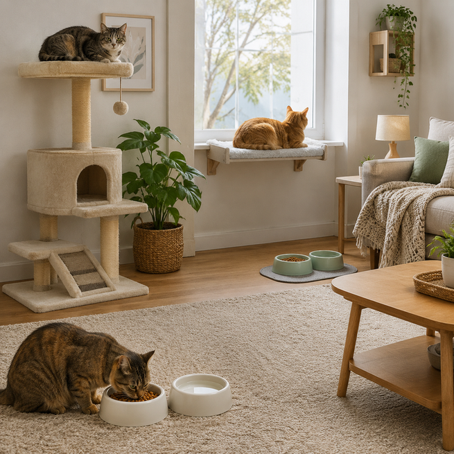 Cats rest on a cat tree and window perch while food and water bowls sit apart in a bright room.
